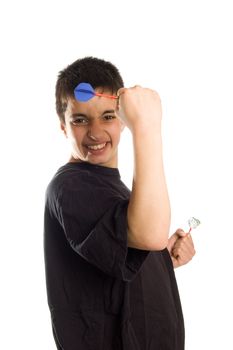 teenage boy cheers playing darts isolated on white