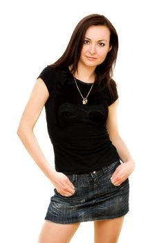 Pretty girl in skirt and t-shirt over white