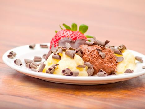 Delicious icecream  dessert on white plate