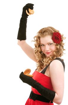 Beautiful Carmen dancing with castanets on white isolated background