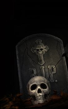 Spooky tombstone with skull on black background