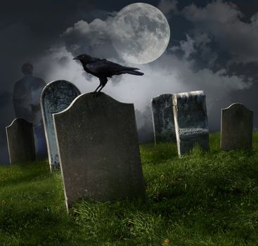 Cemetery with old gravestones, moon and black raven
