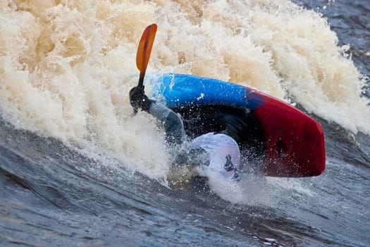 Kayak freestyle on whitewater, Russia, Msta, may 2010