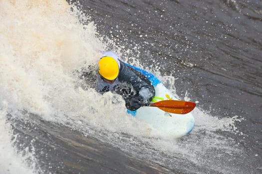 Kayak freestyle on whitewater, Russia, Msta, may 2010