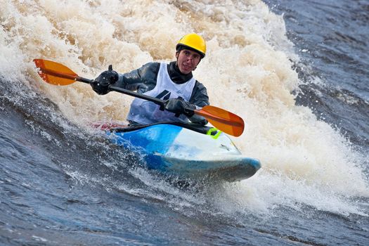 Kayak freestyle on whitewater, Russia, Msta, may 2010