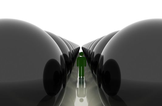 stylized figure of a lonely man walking along a path between the rows of huge mirror balls