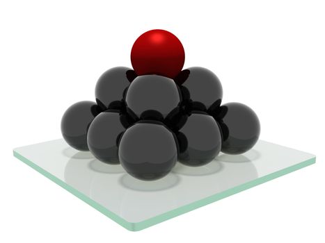 Pyramid wich consist from the mirrored balls with a red ball on top, standing on a glass base and isolated on a white background