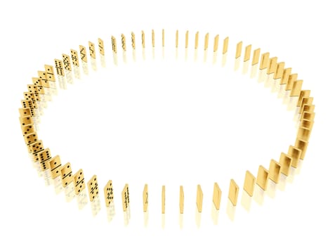 On a image  is shown golden dominoes which placed in a circle shape on a white background and mirror floor