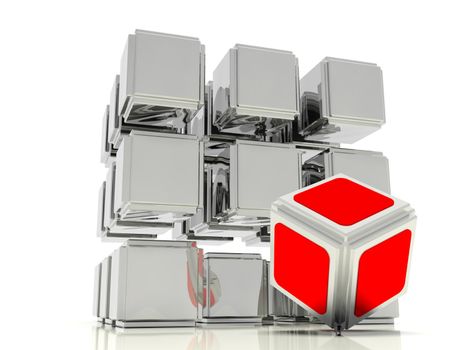 crystal lattice consisting of mirrored cubes and one red cube