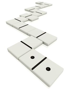 row of blank dominoes isolated on a white background with one domino with numbers