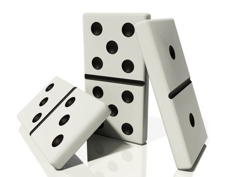 three dominoes in various poses are isolated on a white background with reflections and shadows