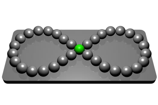 gray balls laid out on a mirrored catwalk as an infinity sign with a green ball in the center of the sign