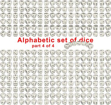 Sprites set Alphabetic Dice it's full set consist from letters, digits and signs on a top side of the dice. Dice are rotated on 360 deg with step of 20 degrees. On lateral sides dice looks like usual dice. By means of the given set it is possible to make any inscription from dice. Each sprite have size 256x256 pixels. Part 4 of 4