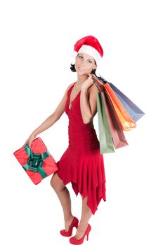 Happy woman with Christmas presents isolated on white