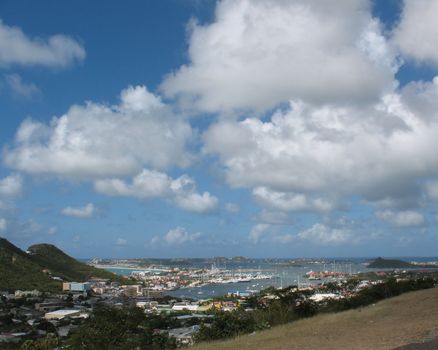 A Vew of St. Maarten, from a hillside overlooking the city and the harbour.