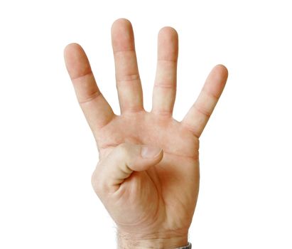 human palm hand showing four fingers isolated on white
