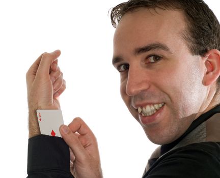 Concept image of a man cheating at gambling by hiding an ace up his sleeve, isolated against a white background