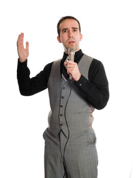 A young businessman having a good time and singing karaoke, isolated against a white background