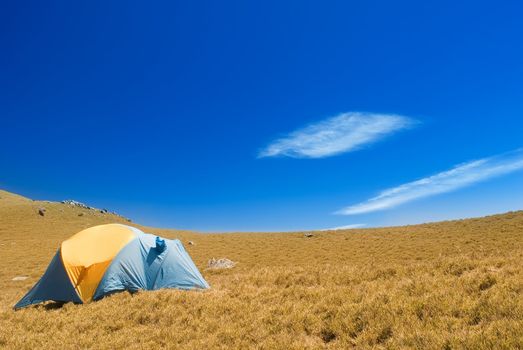 Special tent set on the grassland of high mountain.