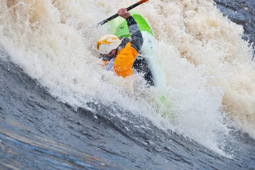 Kayak freestyle on whitewater, Russia, Msta, may 2010