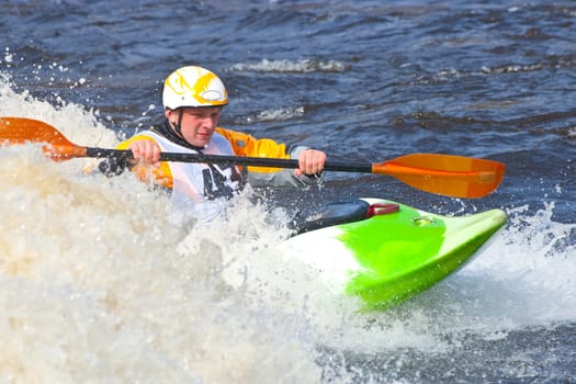 Kayak freestyle on whitewater, Russia, Msta, may 2010