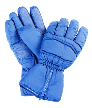 Blue polyester gloves for winter kinds of sport. Isolated on white background