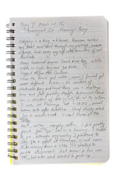 a page from kayak expedition journal handwritten with pencil on waterproof paper with water droplets - my actual writing during 2006 Watertribe Ultimate Florida Challenge, paddling across Everglades