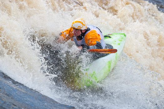 Kayak freestyle on whitewater, Russia, Msta, may 2010