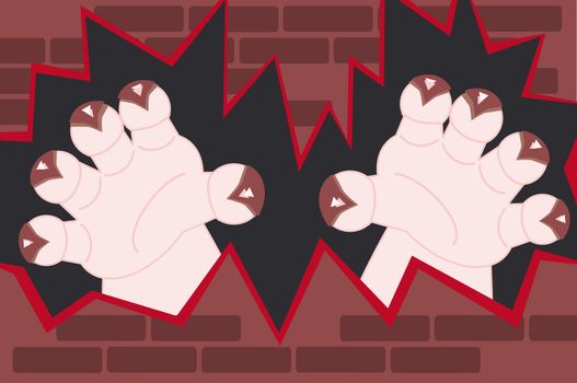 monster hands with claws coming through a broken wall
