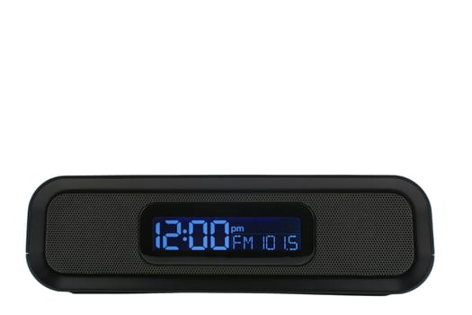 A black clock radio set to FM station