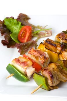 shashlik on a plate with a tomato and salad leaf