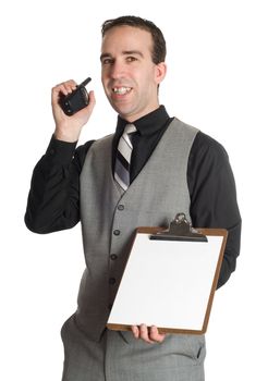 A young man wearing a suit is smiling while he hands over a clipboard with blank paper on it, isolated against a white background