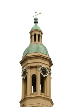 a isolated old bell tower with weather vane
