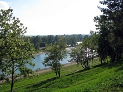 Park, pool, fountain, verdure, tree, blue sky, cloud, garden, place for walks and rest, declivity, water, summer, day, city