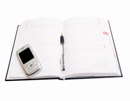 Business Objects - Diary open with cellphone on white