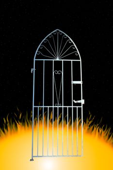 a white wrought iron gate against a flaming background (with clipping path) depicting hell