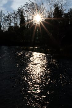 sunshine through the tree tops by a river