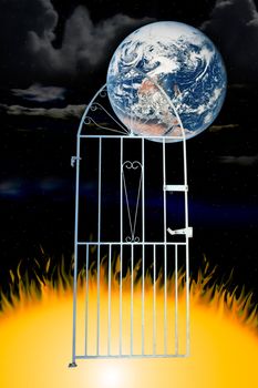 a white wrought iron gate against a galaxy background (with clipping path) depicting to hell and back