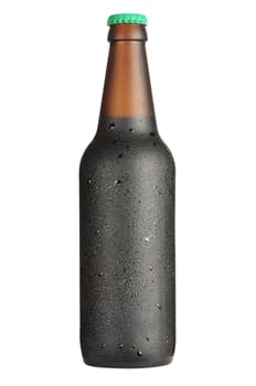 isolated bottle of dark beer with cap and drops