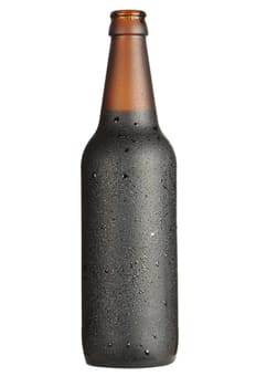 isolated bottle dark beer with drops with clipping path