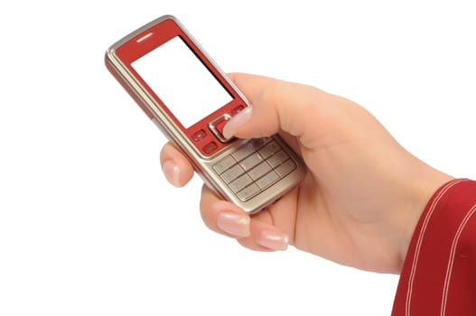 womanish hand holds a mobile telephone