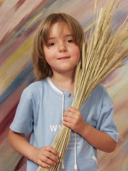 girl four - five years holds the bouquet of dry stems of wheat   