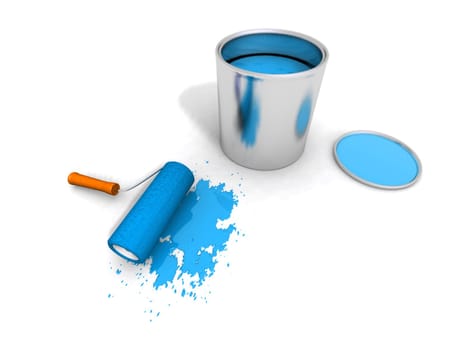 3D render of paint roller, blue can and splashing