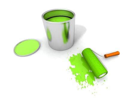 3D render of paint roller, green can and splashing