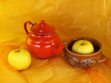 digital image of a still life with red teapot and golden apples