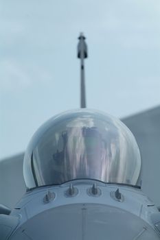 Front view with shallow depth of field of F16 fighter aircraft