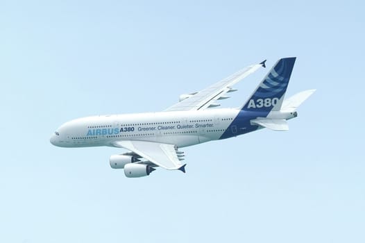 Airbus A380, the biggest passenger aircraft in the world, flying.