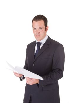 Young handsome business man handling documents. Isolated on white background.