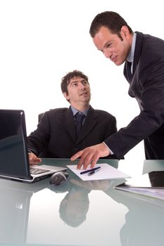 Two young businessmen, discussing a project. Isolated on white background.