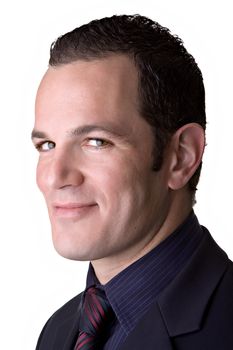 Photo of a young business man, over white background.